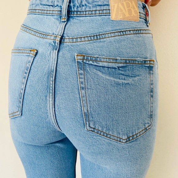 Zara high waisted blue front slits straight leg denim full length jeans - Picture 7 of 15